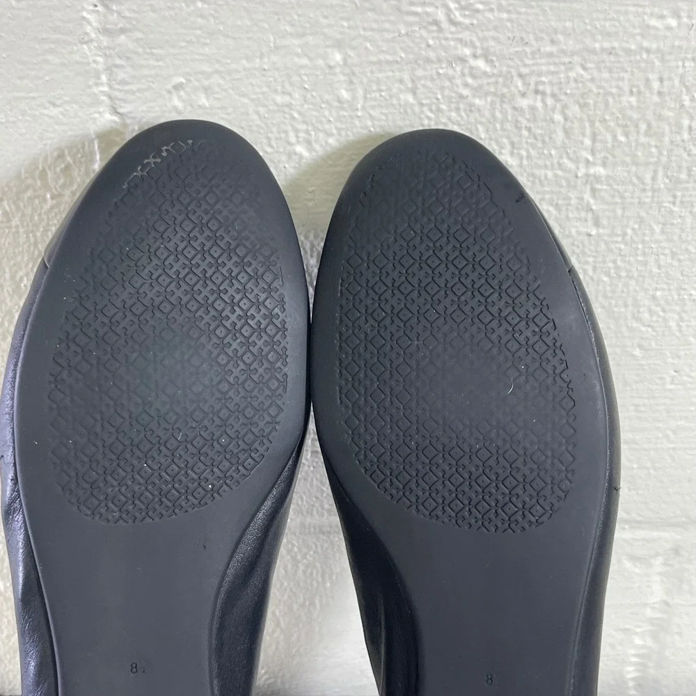 Tory Burch Everly Cap Toe Black Leather Gold Logo Ballet Flats Shoes Womens 8.5
